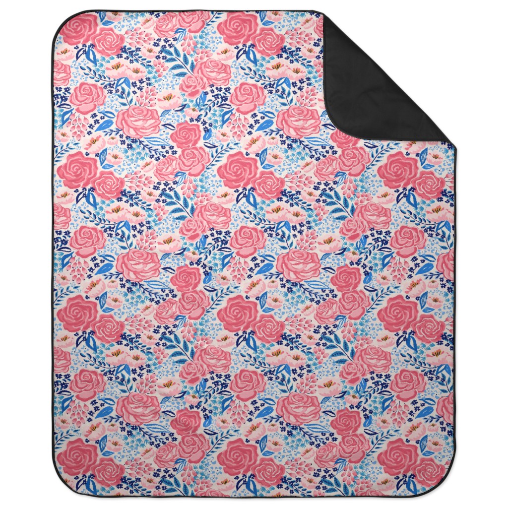 Chintz Roses - Coral and Blue Picnic Blanket, Pink