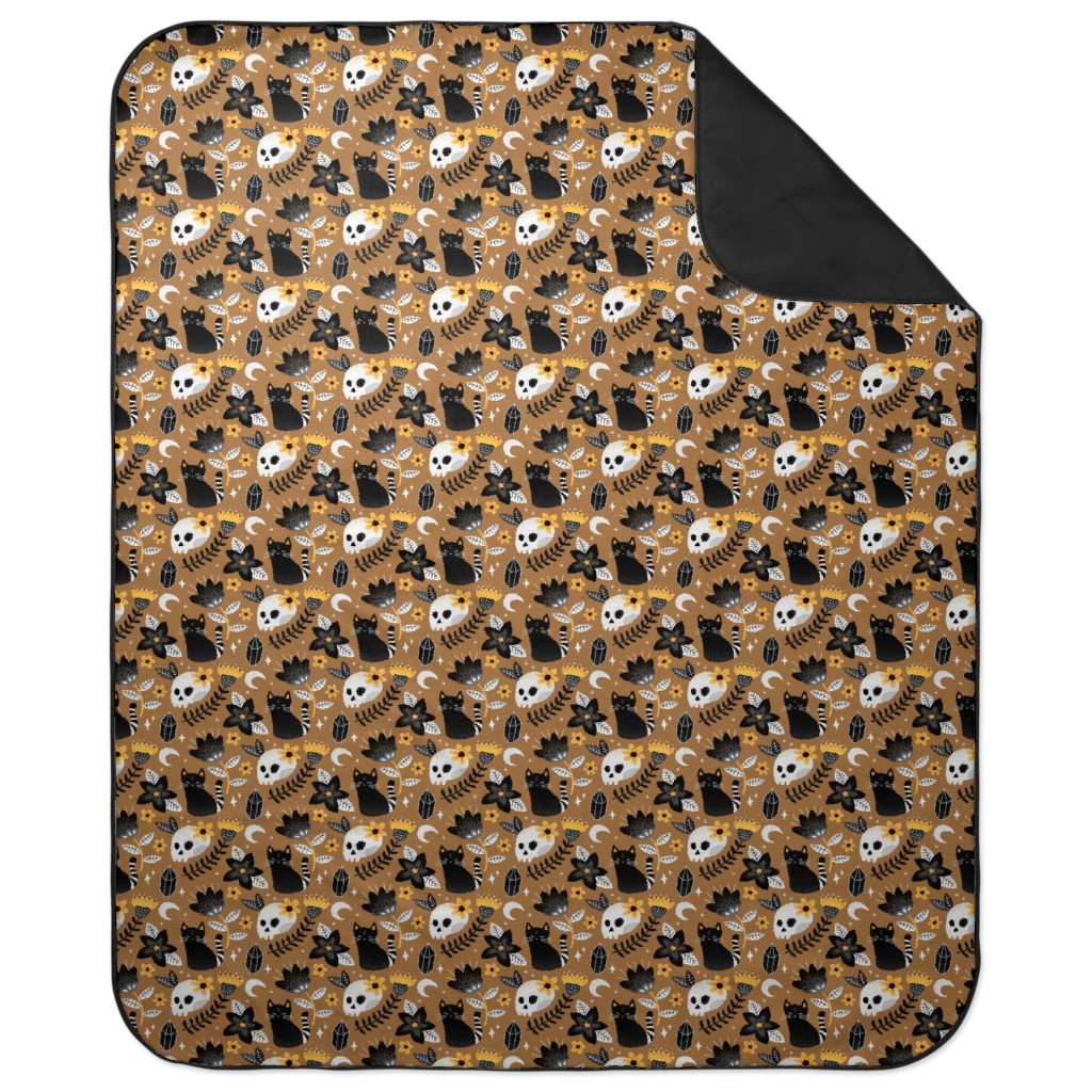 Black Cat & Floral Skull Picnic Blanket, Brown, Brown