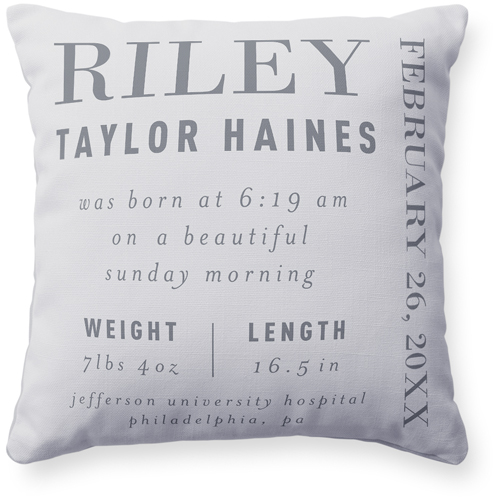 Baby Stats Pillow, Woven, White, 16x16, Double Sided, Gray, silver lining