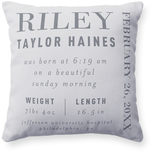 Baby Stats Pillow, Woven, Beige, 16x16, Single Sided, Gray, silver lining