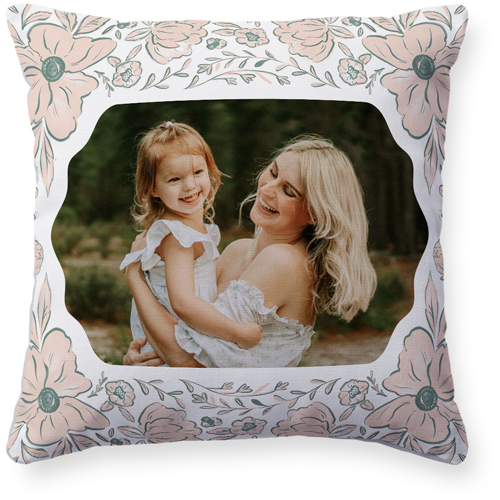 Classic Floral Border Pillow, Woven, White, 16x16, Double Sided, White, white