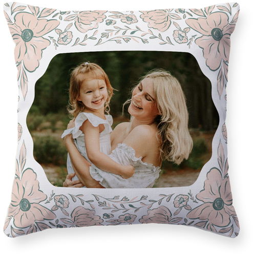 Classic Floral Border Pillow, Woven, Beige, 16x16, Single Sided, White, white