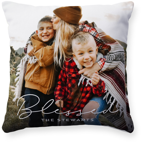 Modern Blessed Script Pillow, Woven, Beige, 16x16, Single Sided, White, white