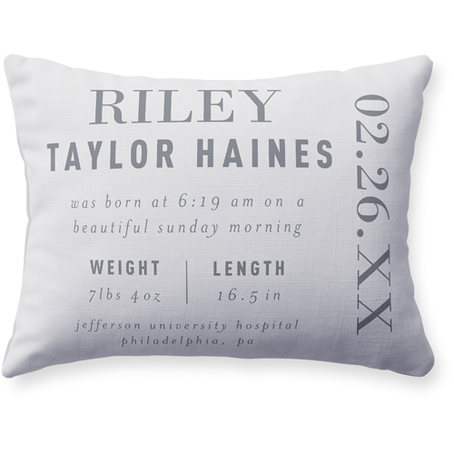 Baby Stats Pillow, Woven, White, 12x16, Double Sided, Gray, silver lining