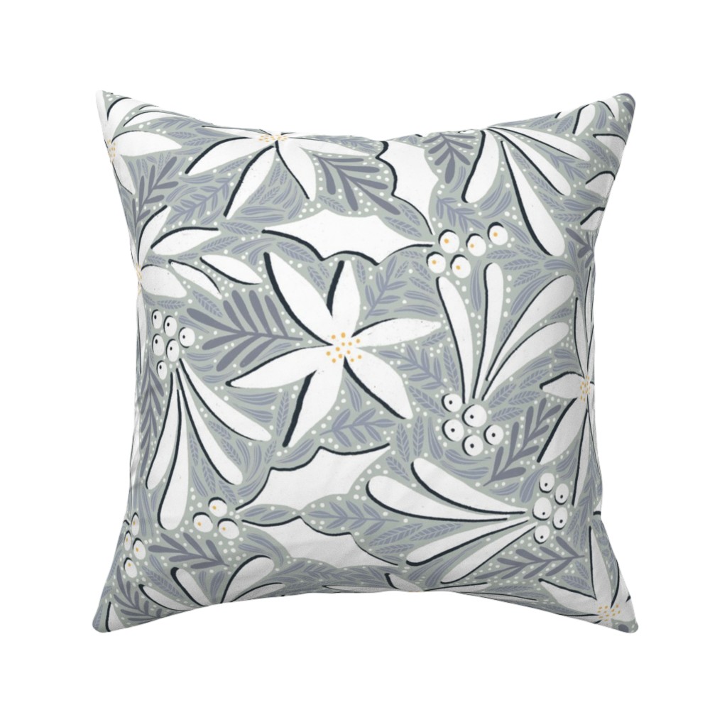 Poinsettia, Holly, & Mistletoe - White & Grey Pillow, Woven, Beige, 16x16, Single Sided, Gray