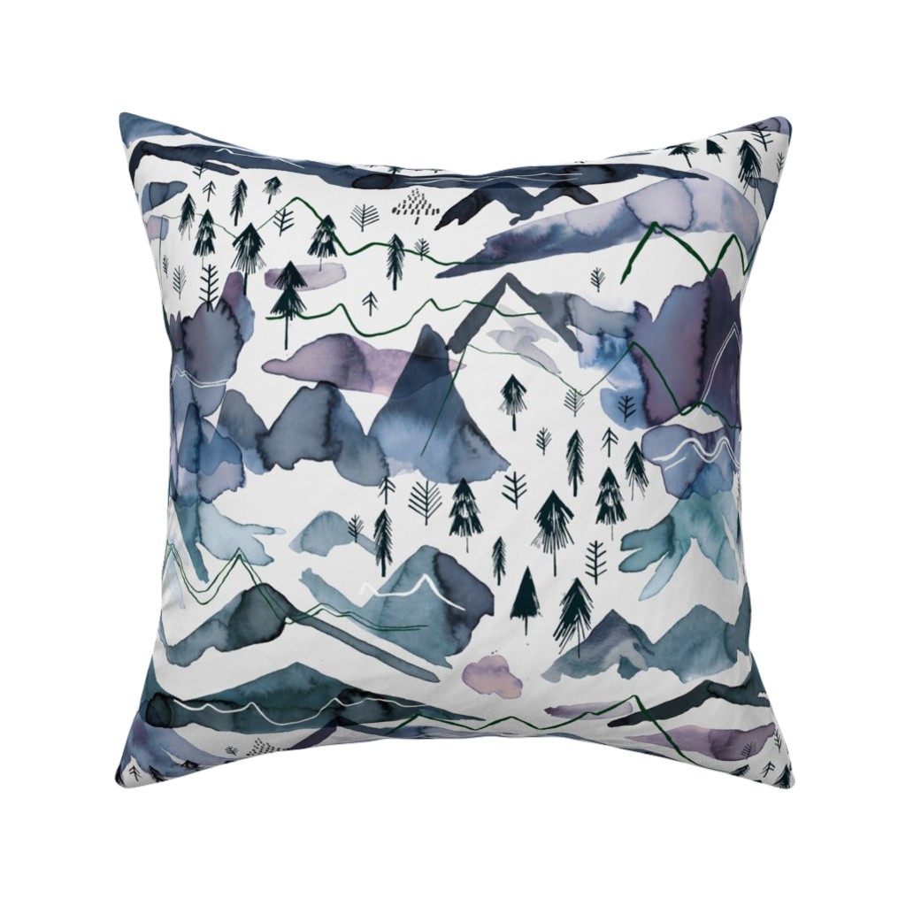 Watercolor Mountains Landscape - Blue Pillow, Woven, Beige, 16x16, Single Sided, Blue, True Blue