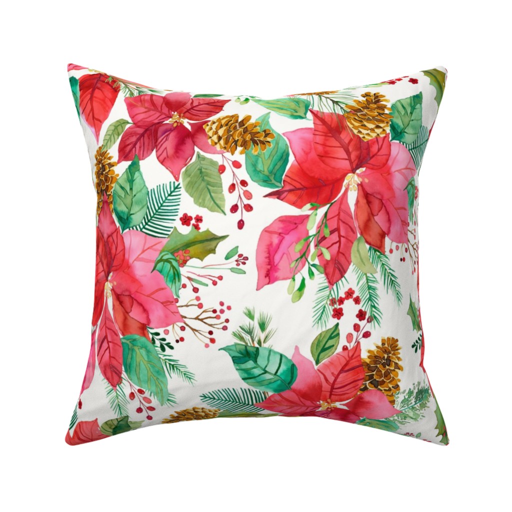 Poinsettias Christmas Flower Bouquets - Red Pillow, Woven, Beige, 16x16, Single Sided, Red, Red