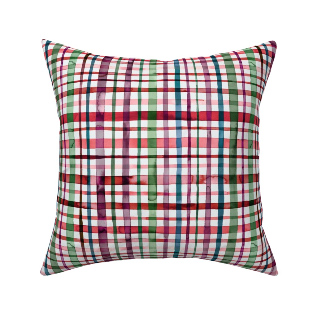 Watercolor Gingham - Red and Green Pillow, Woven, Beige, 16x16, Single Sided, Multicolor