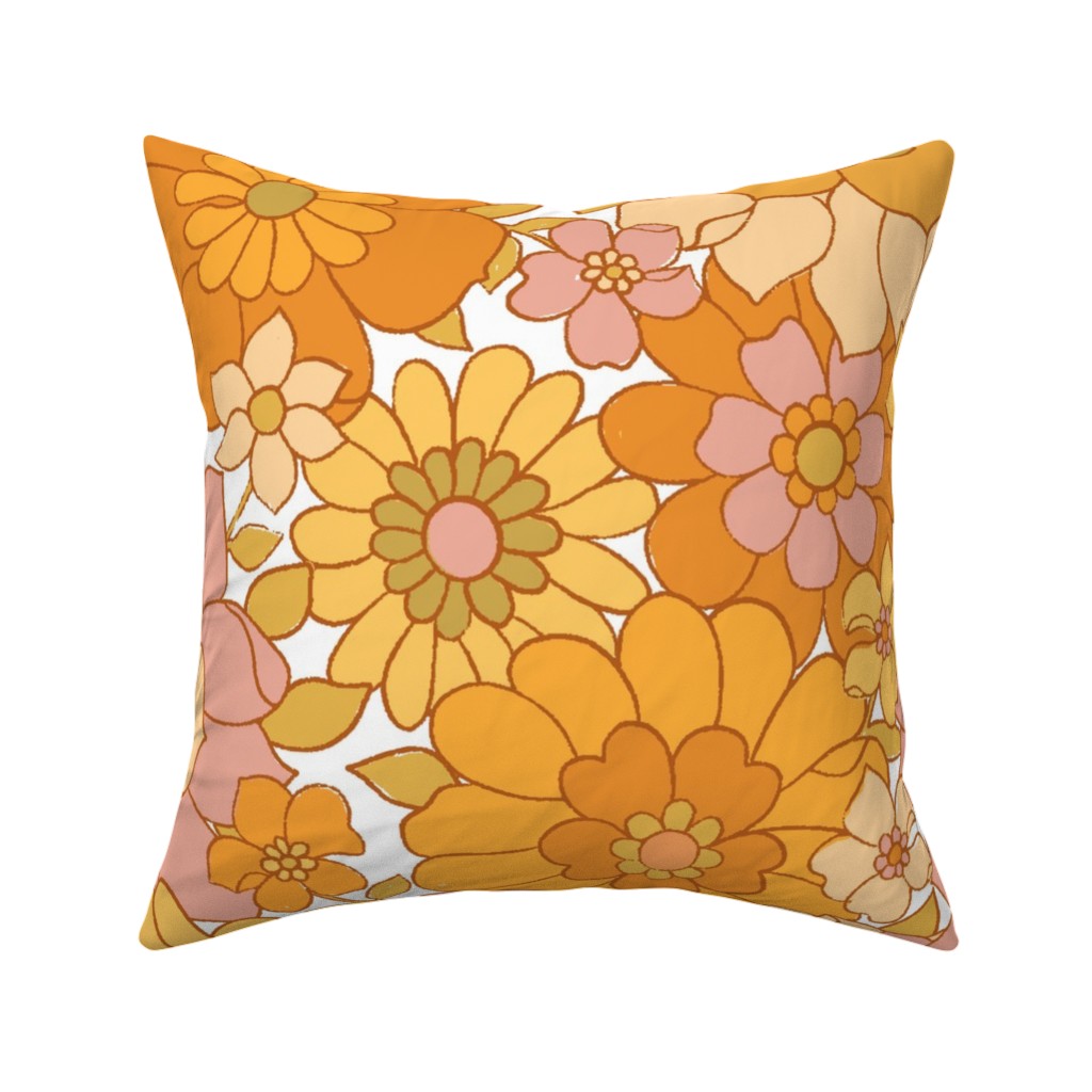 Avery Retro Floral - Orange on White Pillow, Woven, Beige, 16x16, Single Sided, Orange