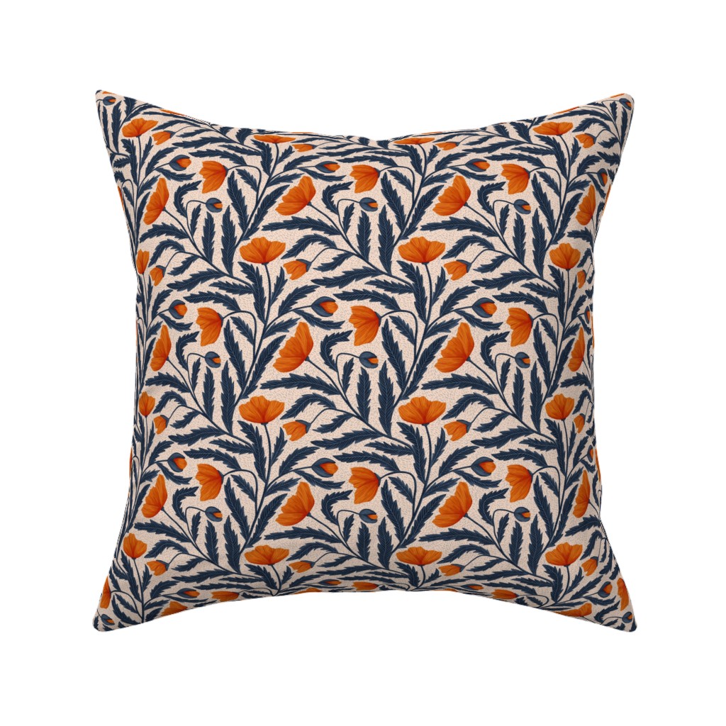 Poppy Flower - Blue and Orange Pillow, Woven, Beige, 16x16, Single Sided, Blue, True Blue