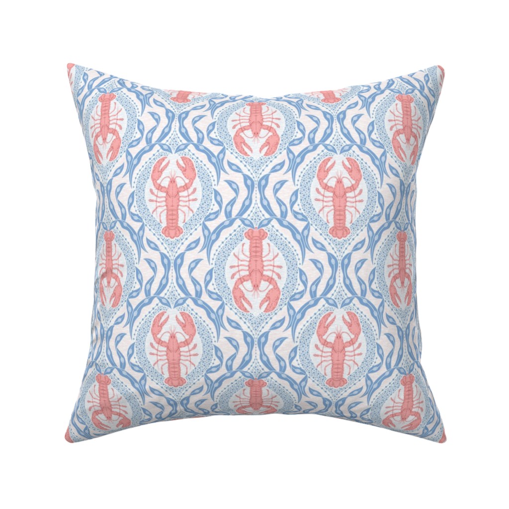 Lobster and Seaweed Nautical Damask - White, Coral Pink and Cornflower Blue Pillow, Woven, Beige, 16x16, Single Sided, Blue
