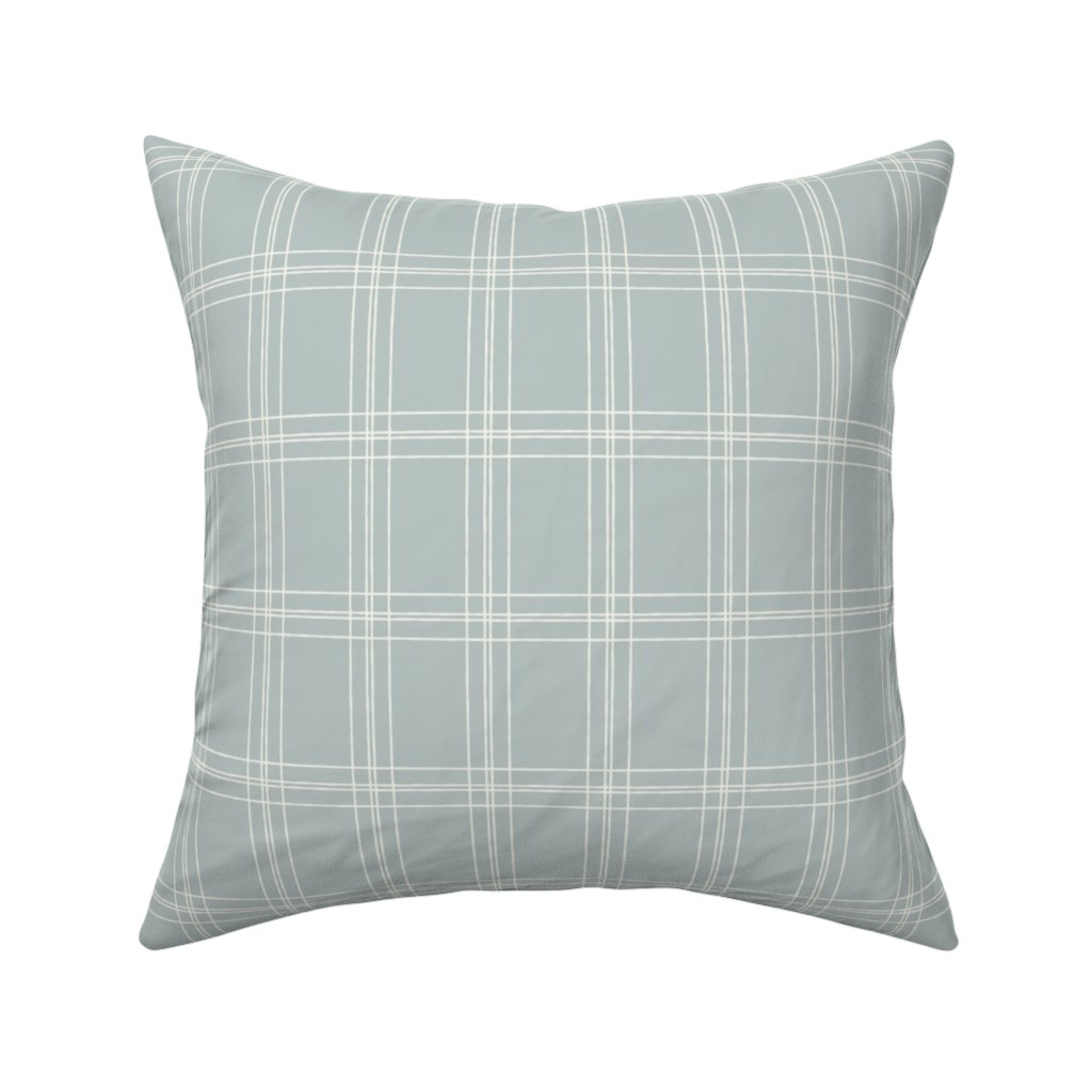 Lined Linens - Quad Plaid - Ivory, Blue Pillow, Woven, Beige, 16x16, Single Sided, Blue