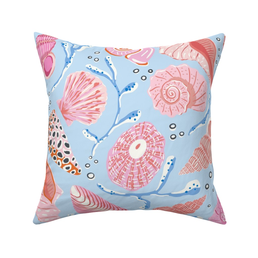 Seashells - Pink on Blue Pillow, Woven, Beige, 16x16, Single Sided, Blue