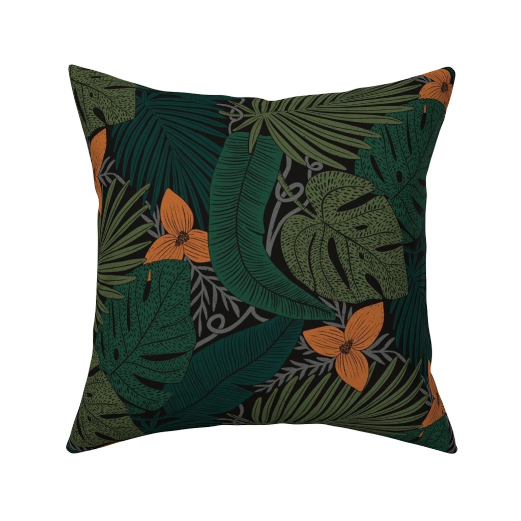 Moody Tropical Floral - Orange on Black Pillow, Woven, Beige, 16x16, Single Sided, Green