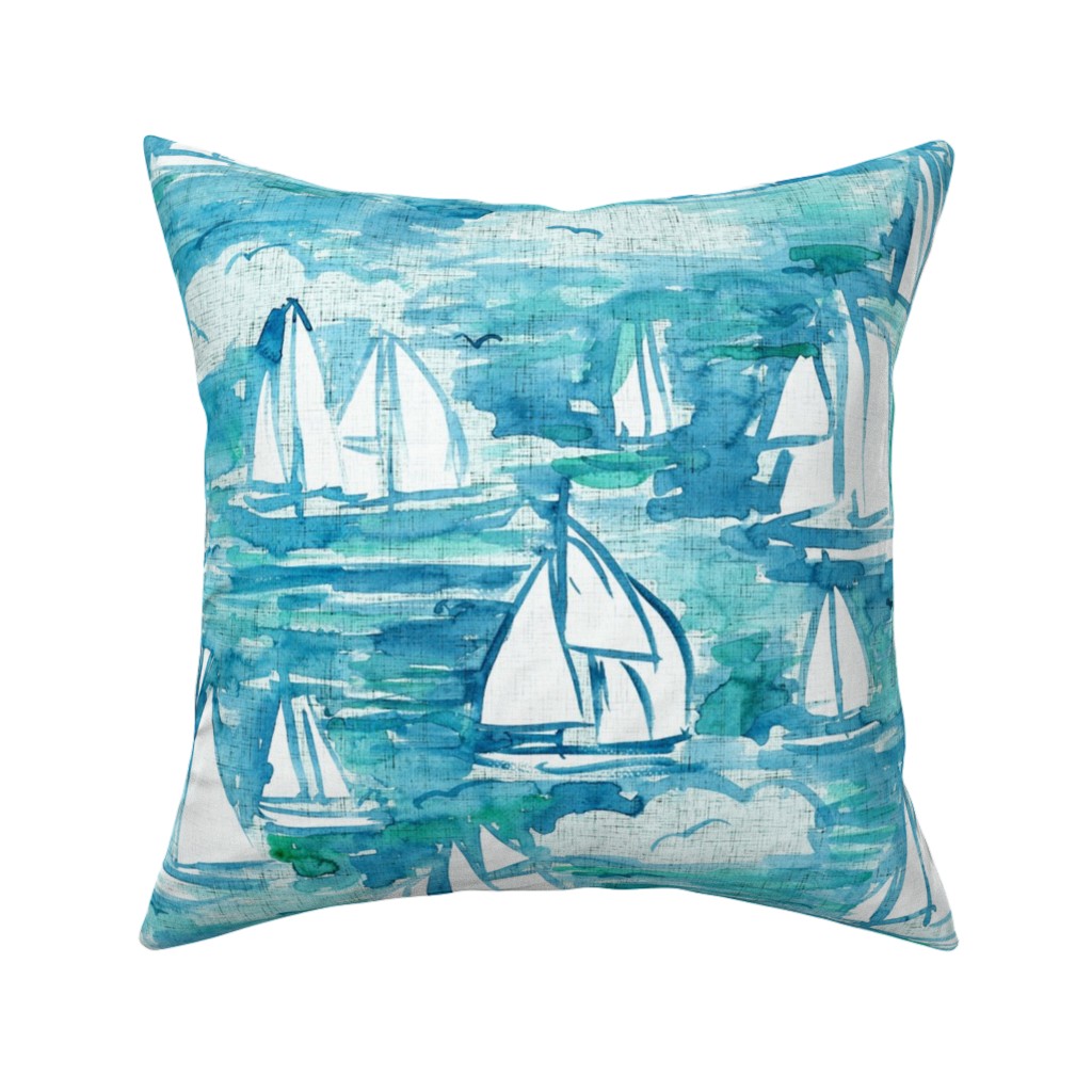 Sailboats Sailing Watercolor Loosely Painted - Blue Pillow, Woven, Beige, 16x16, Single Sided, Blue, True Blue
