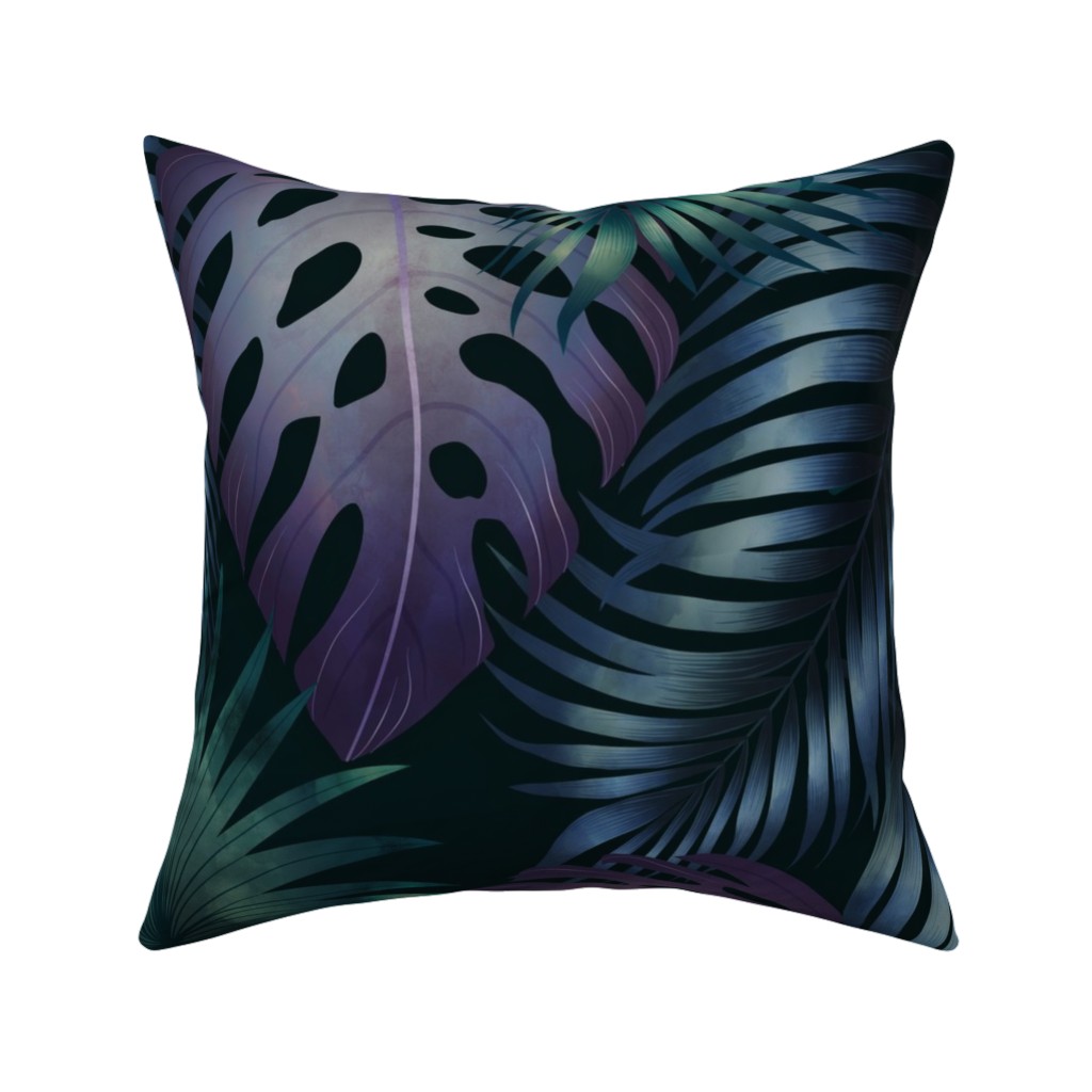 Tropical Leaves in the Moonlight - Dark Pillow, Woven, Beige, 16x16, Single Sided, Blue