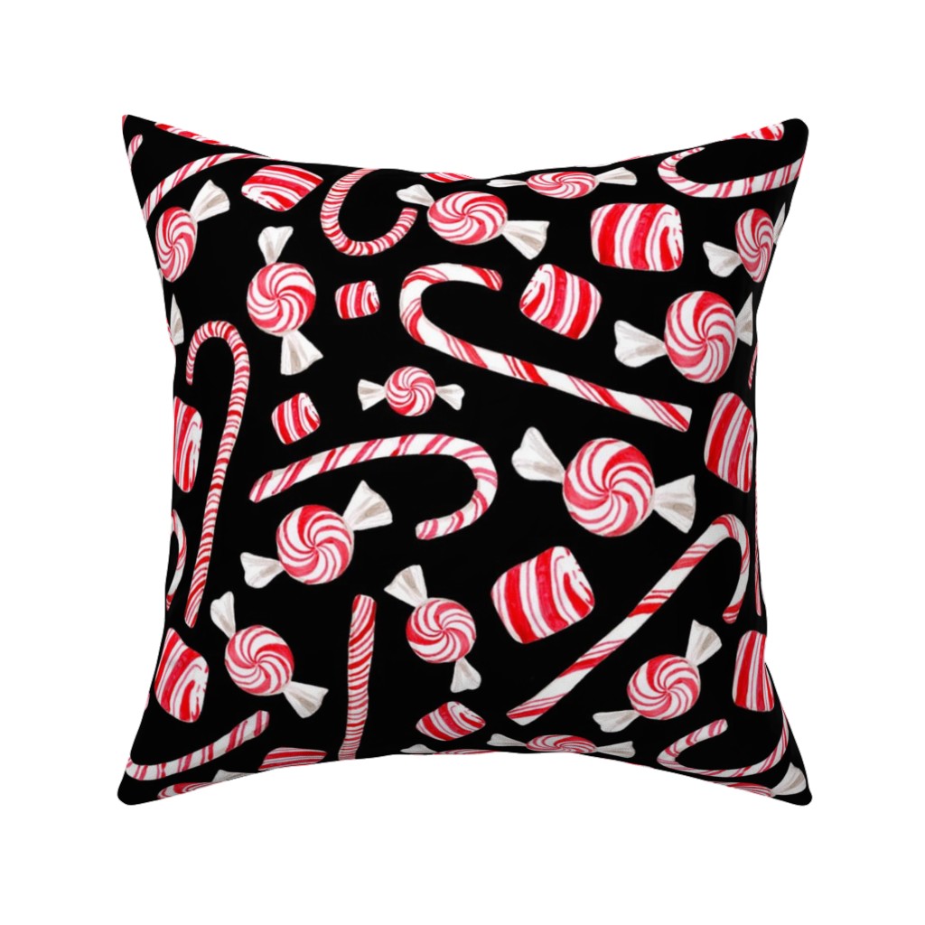 Christmas Candy Canes - Black Pillow, Woven, Beige, 16x16, Single Sided, Red, Red