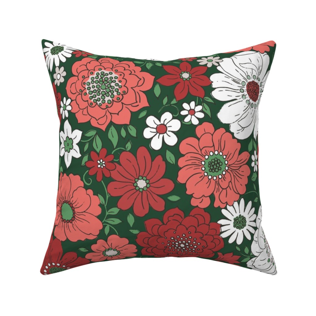 Camilla Retro Floral Christmas - Red and Green Pillow, Woven, Beige, 16x16, Single Sided, Multicolor