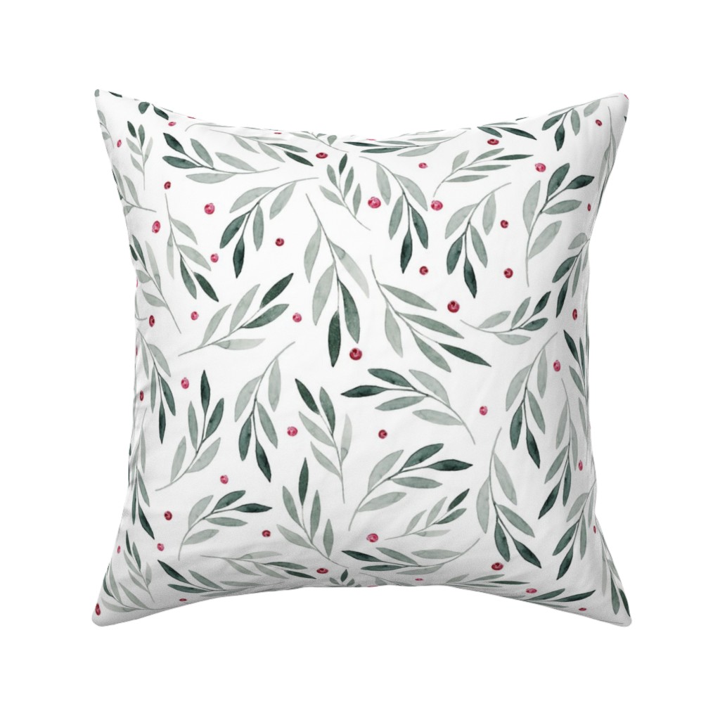 Festive Christmas Green Leaves & Red Berries Pillow, Woven, Beige, 16x16, Single Sided, White