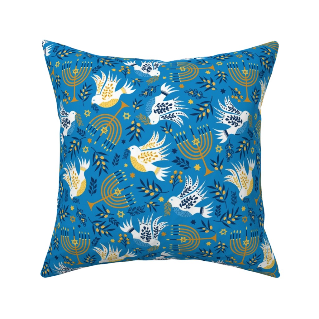 Hanukkah Birds Menorahs - Light Blue Pillow, Woven, Beige, 16x16, Single Sided, Blue