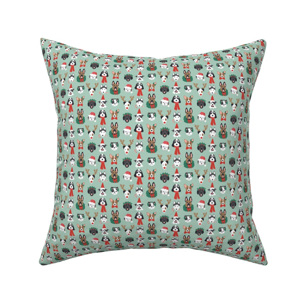 Christmas Holiday Puppy Dogs - Green Pillow, Woven, Beige, 16x16, Single Sided, Green, Classic Green