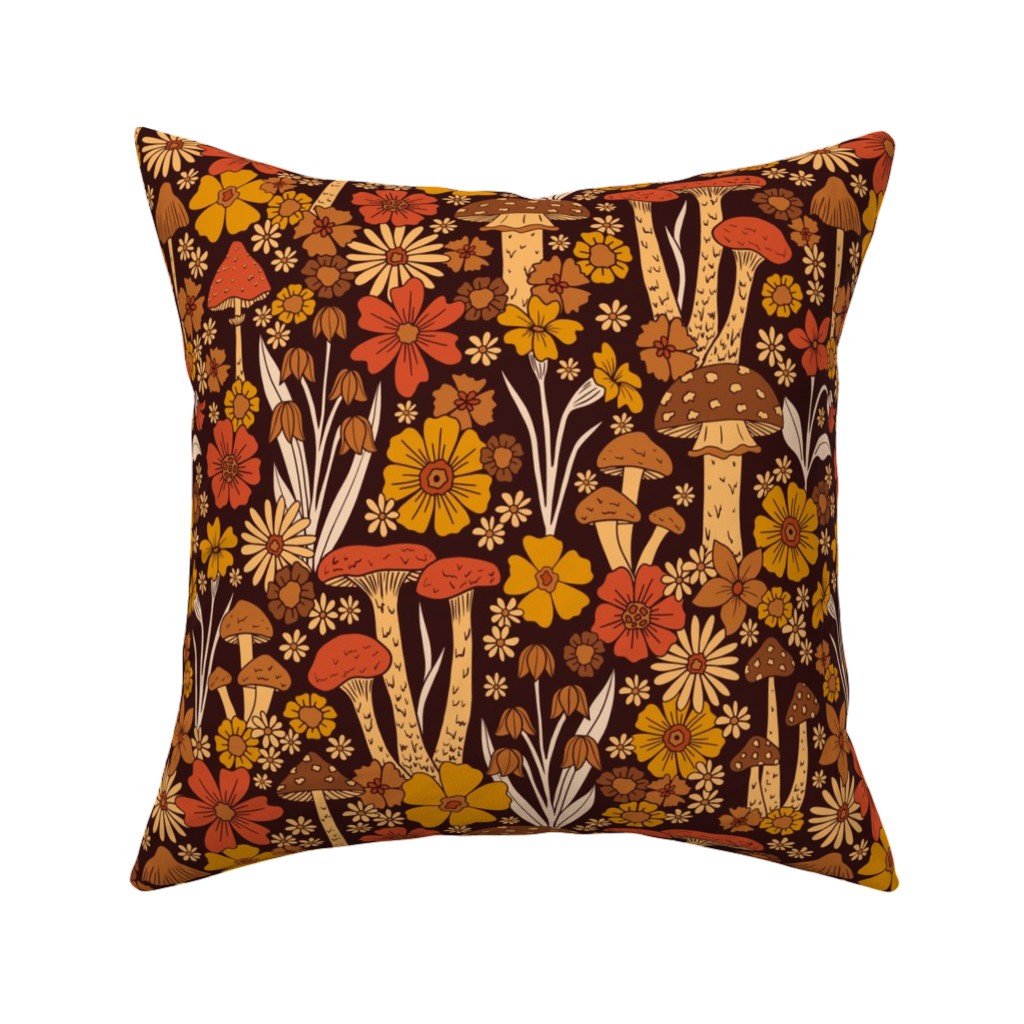 Retro 1970s Mushroom & Flowers - Brown and Orange Pillow, Woven, Beige, 16x16, Single Sided, Orange, Orange