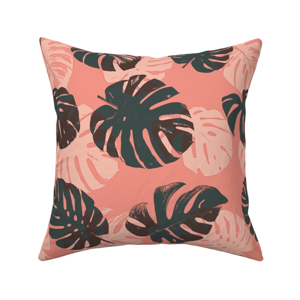 Monstera Leaves - Calypso Pillow, Woven, Beige, 16x16, Single Sided, Pink