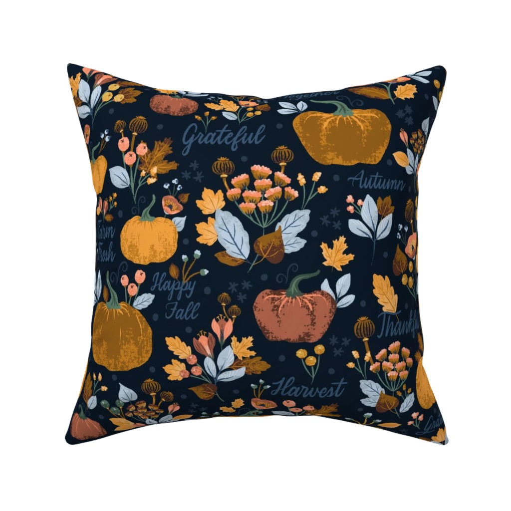 Elegant Fall Floral Harvest - Navy Pillow, Woven, Beige, 16x16, Single Sided, Orange