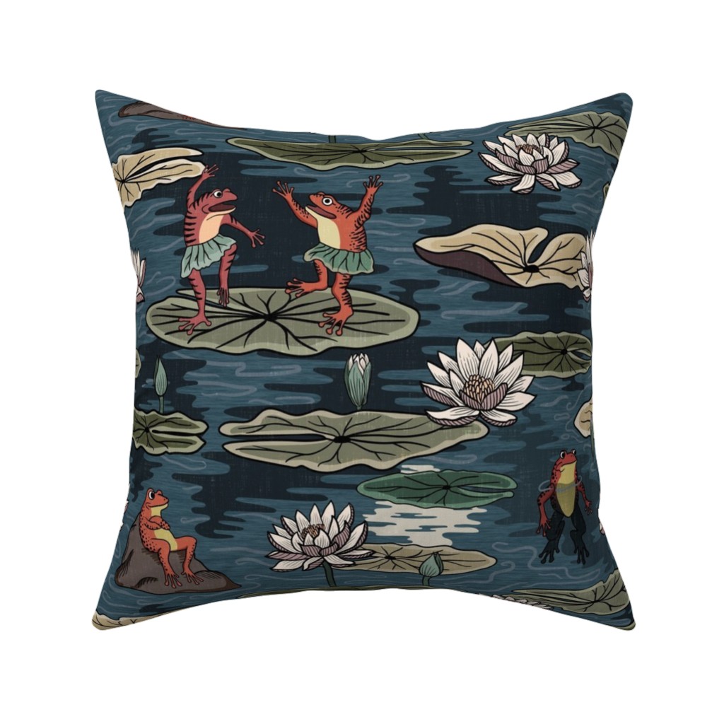 Quirky Frogs Dancing in the Moonlight on Lily Pads Pillow, Woven, Beige, 16x16, Single Sided, Blue