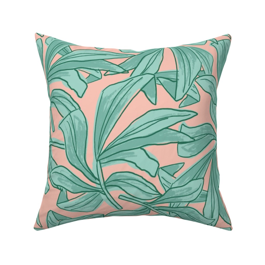 Lush Tropical Leaves - Pink and Mint Pillow, Woven, Beige, 16x16, Single Sided, Green