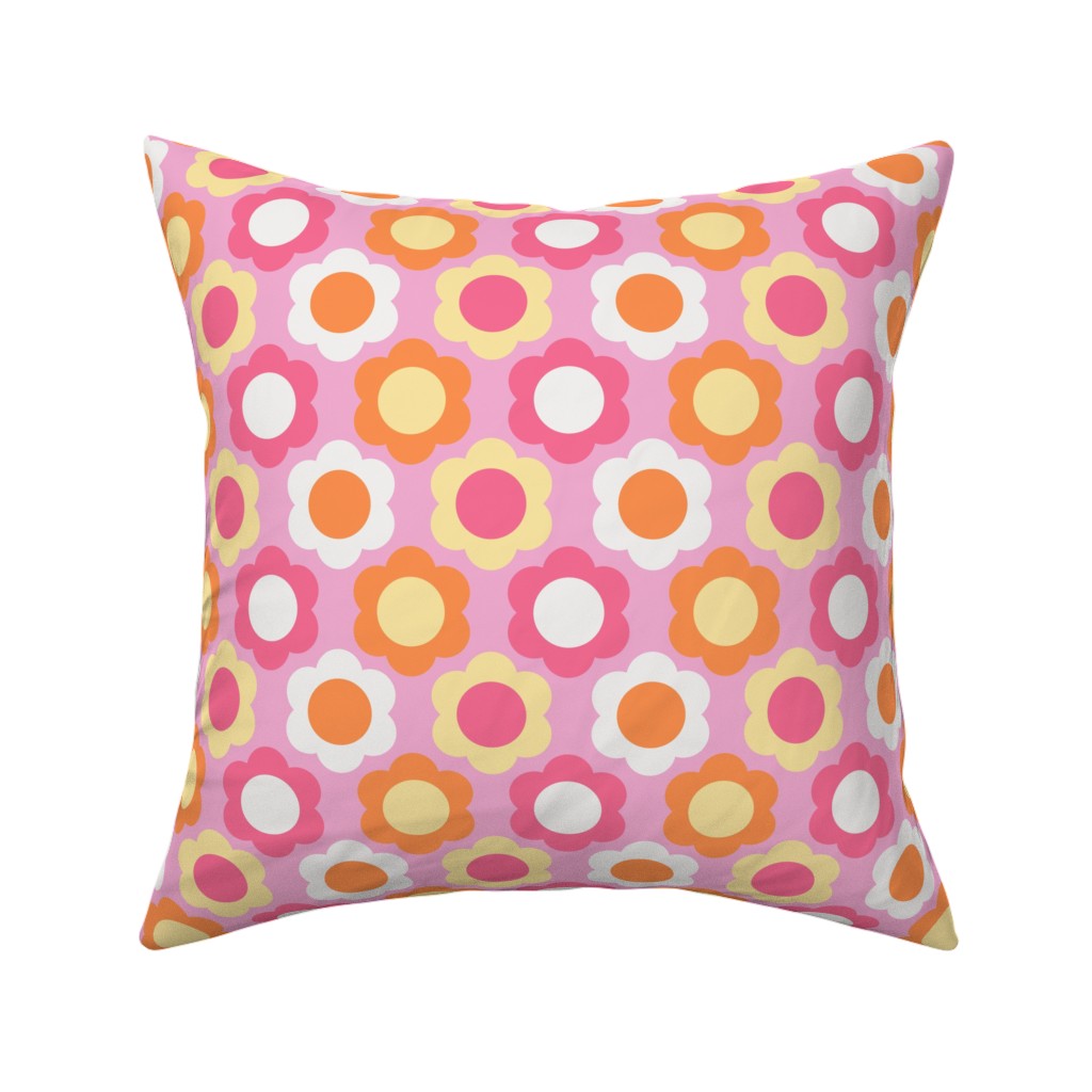 Retro Geometric Flowers - Pink and Orange Pillow, Woven, Beige, 16x16, Single Sided, Pink