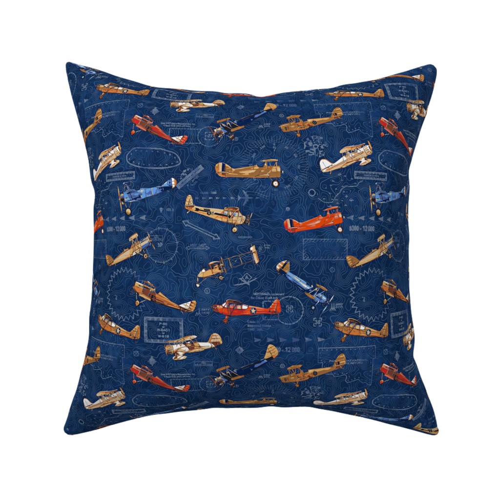 Vintage Airplanes - Blue Pillow, Woven, Beige, 16x16, Single Sided, Blue