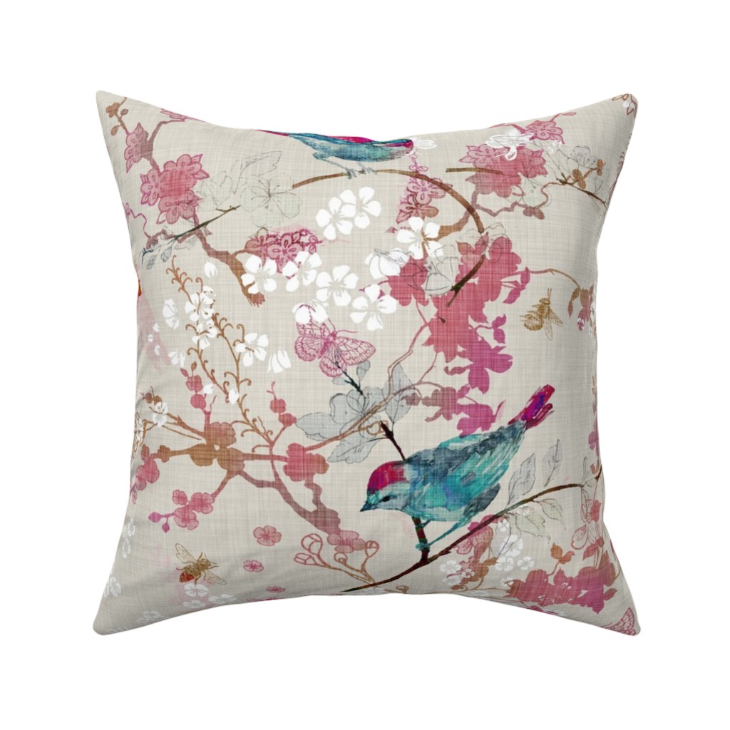 Birds + the Bees - Rose Pillow, Woven, Beige, 16x16, Single Sided, Multicolor