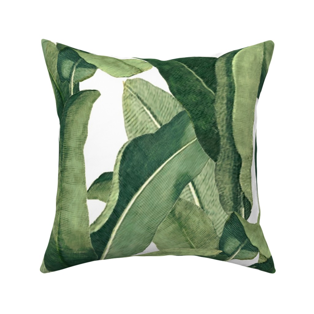 Tropical Leaves - Greens on White Pillow, Woven, Beige, 16x16, Single Sided, Green