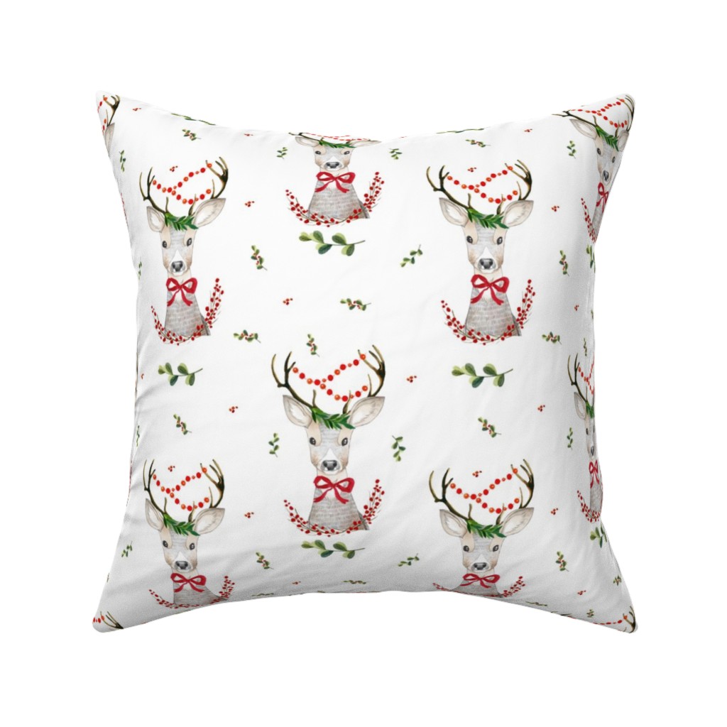 Holiday Fancy Deer With Holly Pillow, Woven, Beige, 16x16, Single Sided, Multicolor