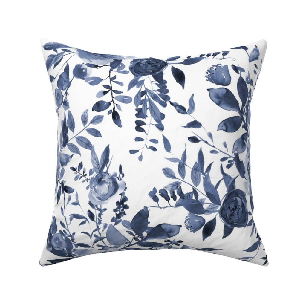Blue and White Florals - Indigo Pillow, Woven, Beige, 16x16, Single Sided, Blue, True Blue