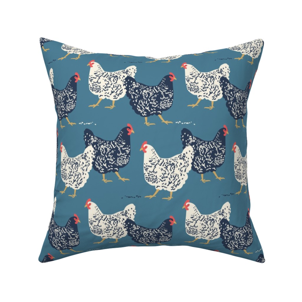 Farmhouse Chickens on Blue Pillow, Woven, Beige, 16x16, Single Sided, Blue