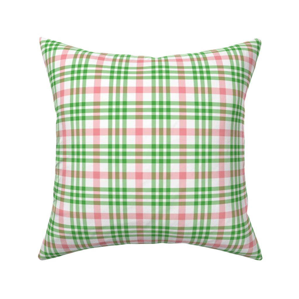 Pink, Green, and White Plaid Pillow, Woven, Beige, 16x16, Single Sided, Green
