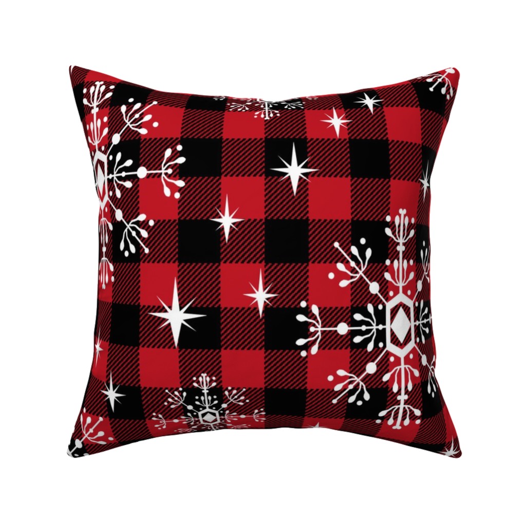 Buffalo Plaid Snowflakes Pillow, Woven, Beige, 16x16, Single Sided, Red