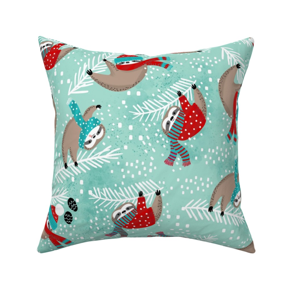 Snowy Sloths! Pillow, Woven, Beige, 16x16, Single Sided, Multicolor