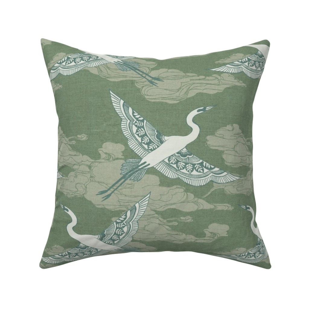 Egrets - Green Pillow, Woven, Beige, 16x16, Single Sided, Green, Classic Green