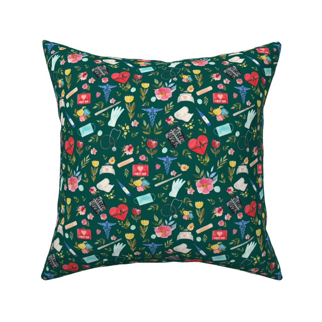 Love To Care Pillow, Woven, Beige, 16x16, Single Sided, Green, Deep Sea