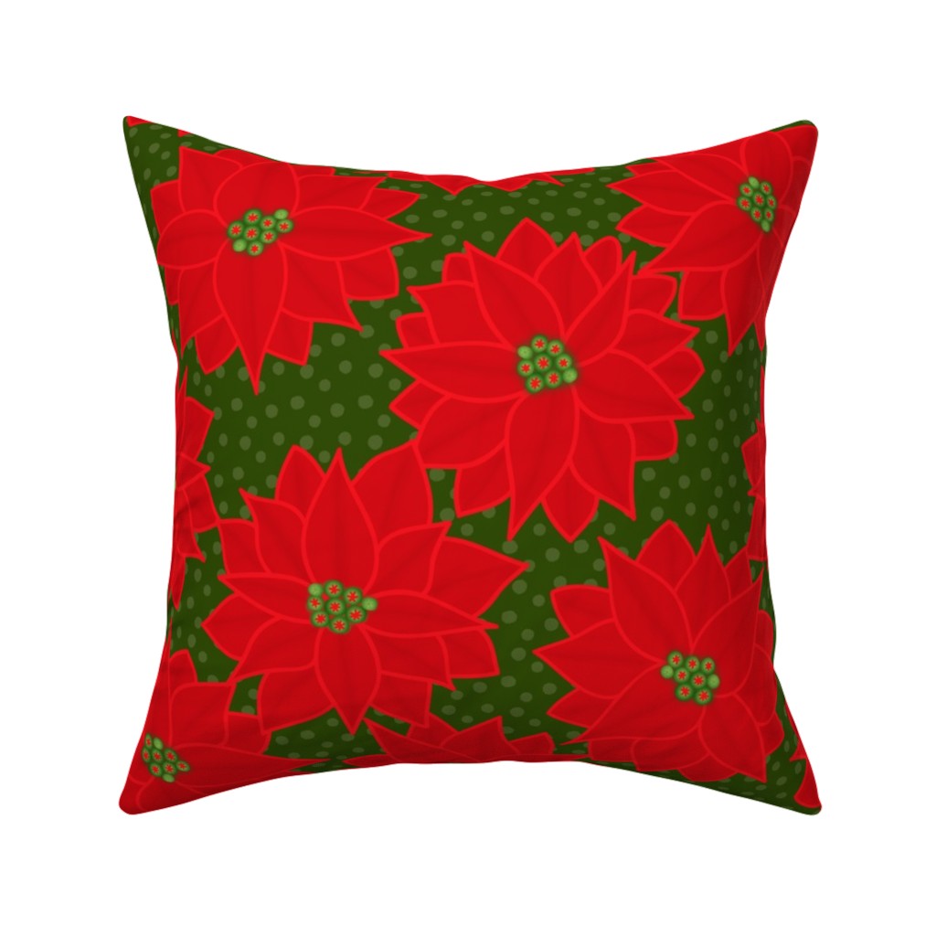 Christmas Poinsettia on Green Pillow, Woven, Beige, 16x16, Single Sided, Red