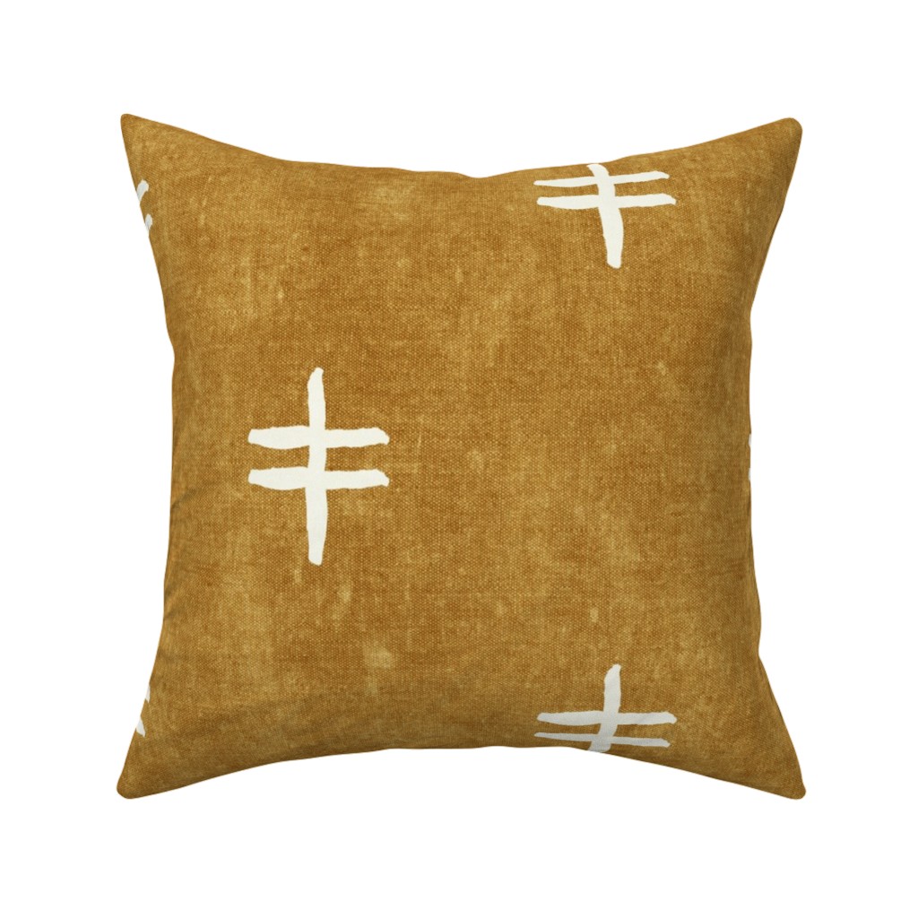 Double Cross Mudcloth Tribal - Mustard Pillow, Woven, Beige, 16x16, Single Sided, Brown