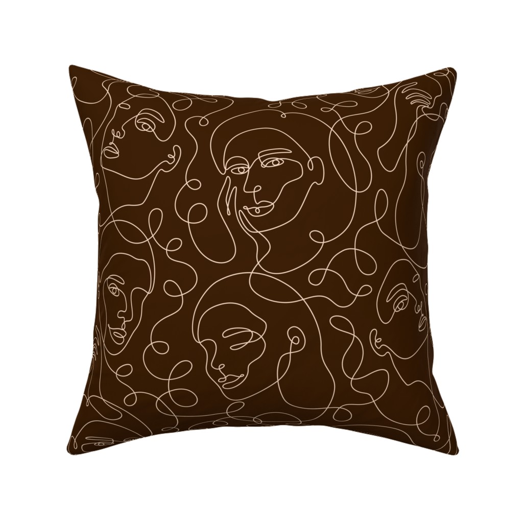 Hand Drawn Women Pillow, Woven, Beige, 16x16, Single Sided, Brown, Dark Chocolate