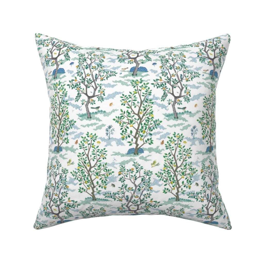 Citrus Trees - Blue and Green on White Pillow, Woven, Black, 16x16, Single Sided, Green