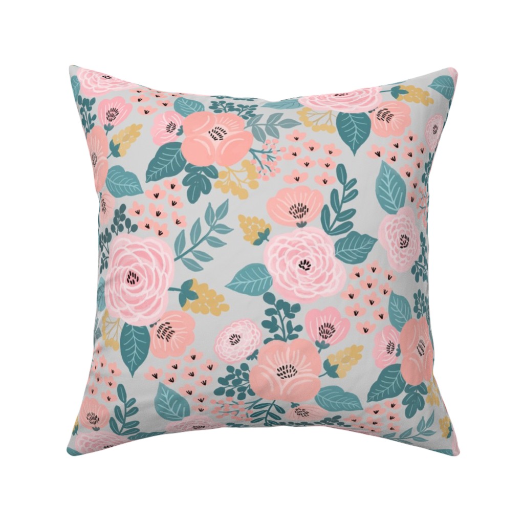 June Botanicals - Gray Pillow, Woven, Black, 16x16, Single Sided, Pink, Bright Pink