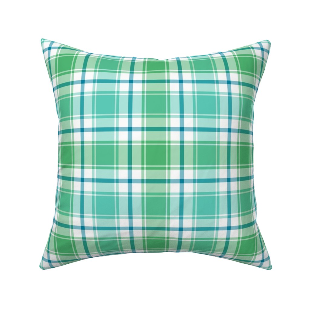 Blue, Green, Turquoise, and White Plaid Pillow, Woven, Black, 16x16, Single Sided, Green