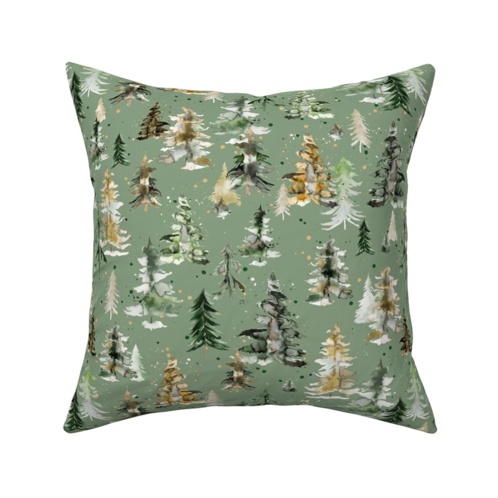 Watercolor Pines and Spruces Christmas - Green Pillow, Woven, Black, 16x16, Single Sided, Green