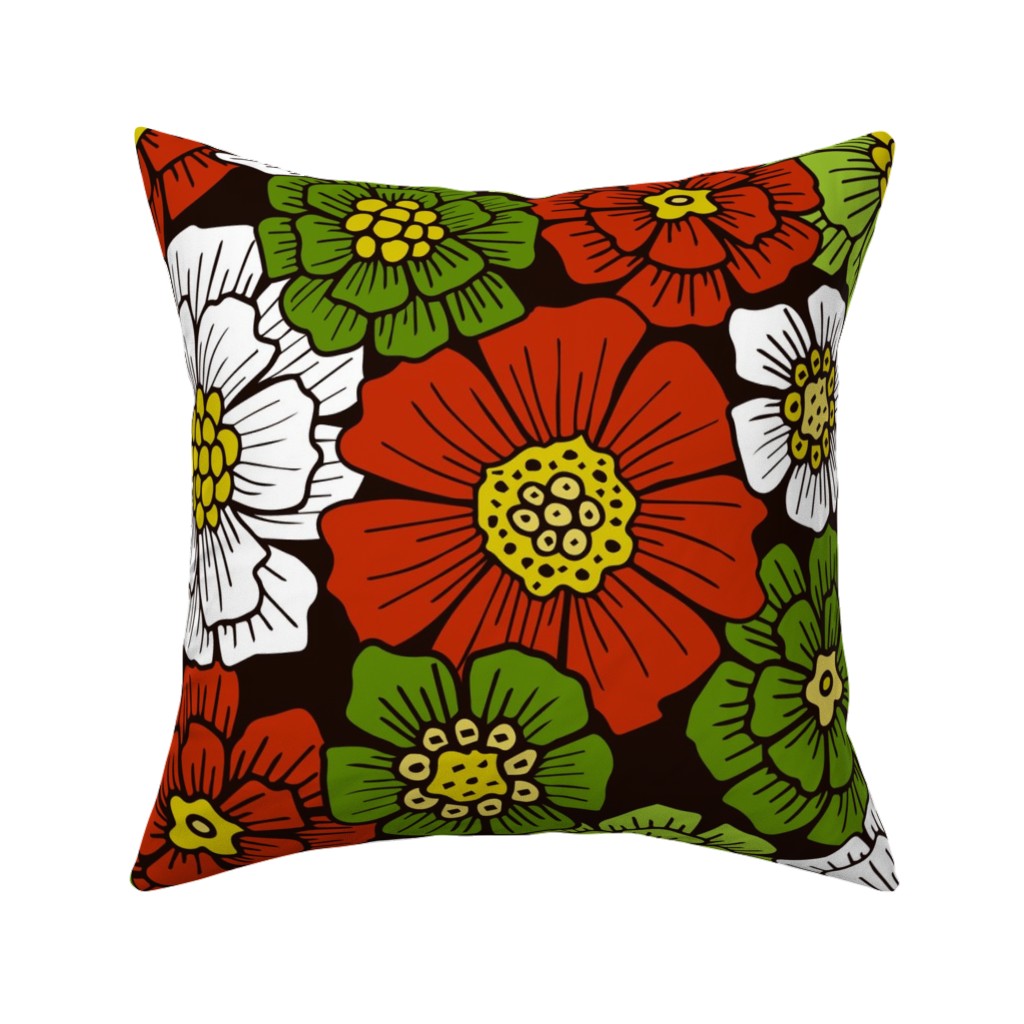 Christmas Floral - Red and Green Pillow, Woven, Black, 16x16, Single Sided, Multicolor